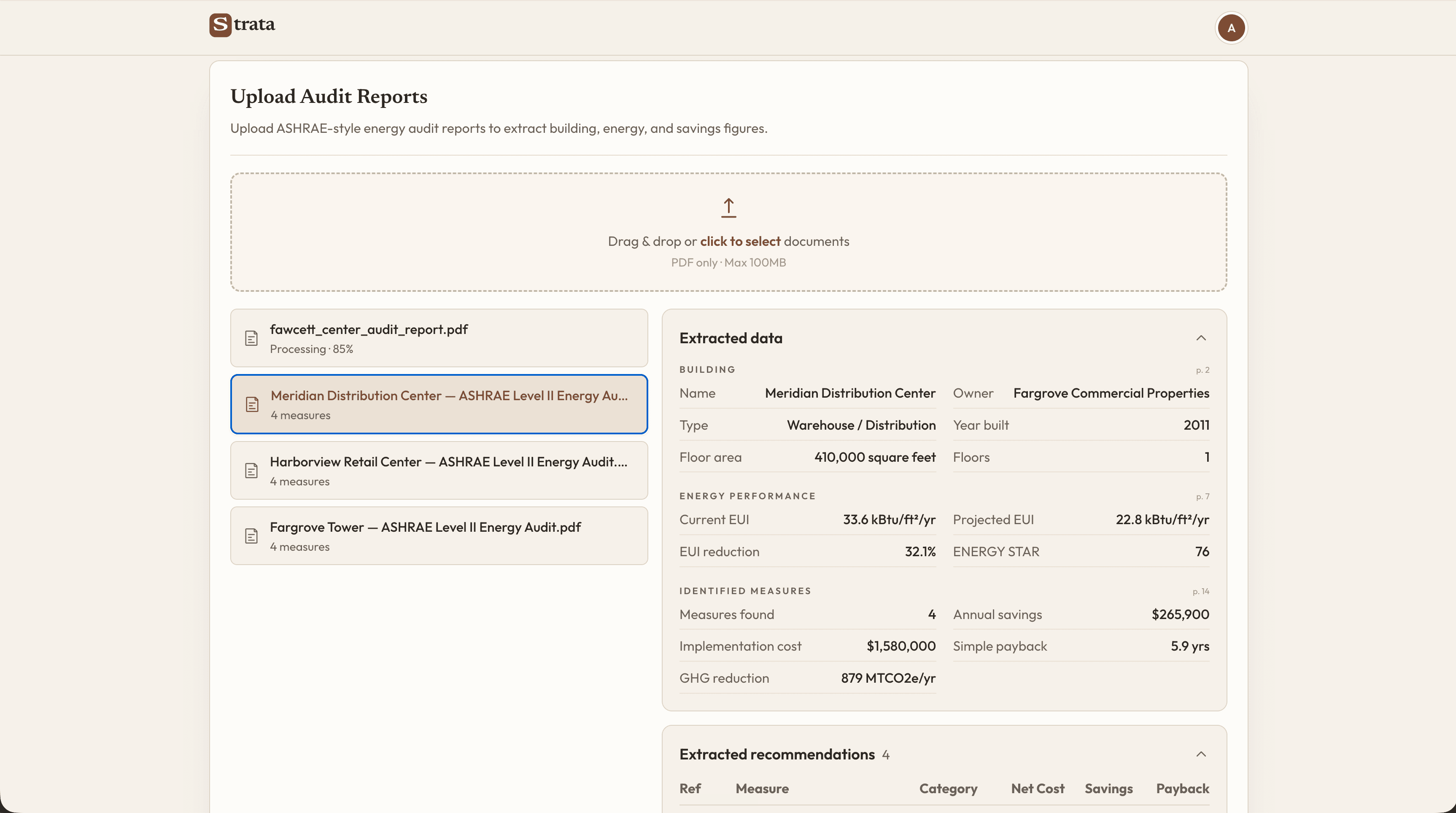 Factory-built energy-audit application showing PDF report upload and automatically extracted building and energy data.
