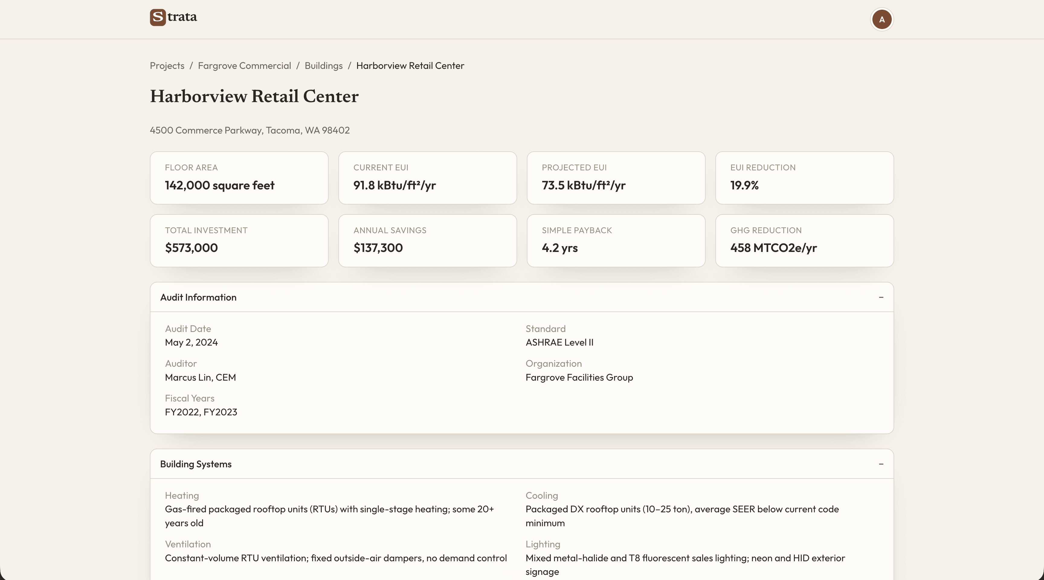 Factory-built energy-audit application showing a building detail page with audit information and building systems.